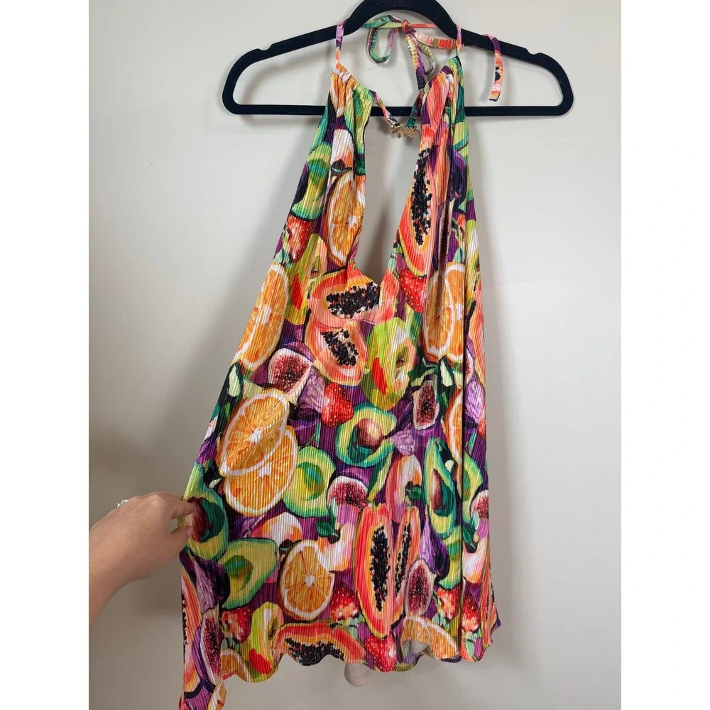 Show Me Your Mumu Fruit Print Pleated Halter Mini Dress Tropical Summer - Picture 3 of 5